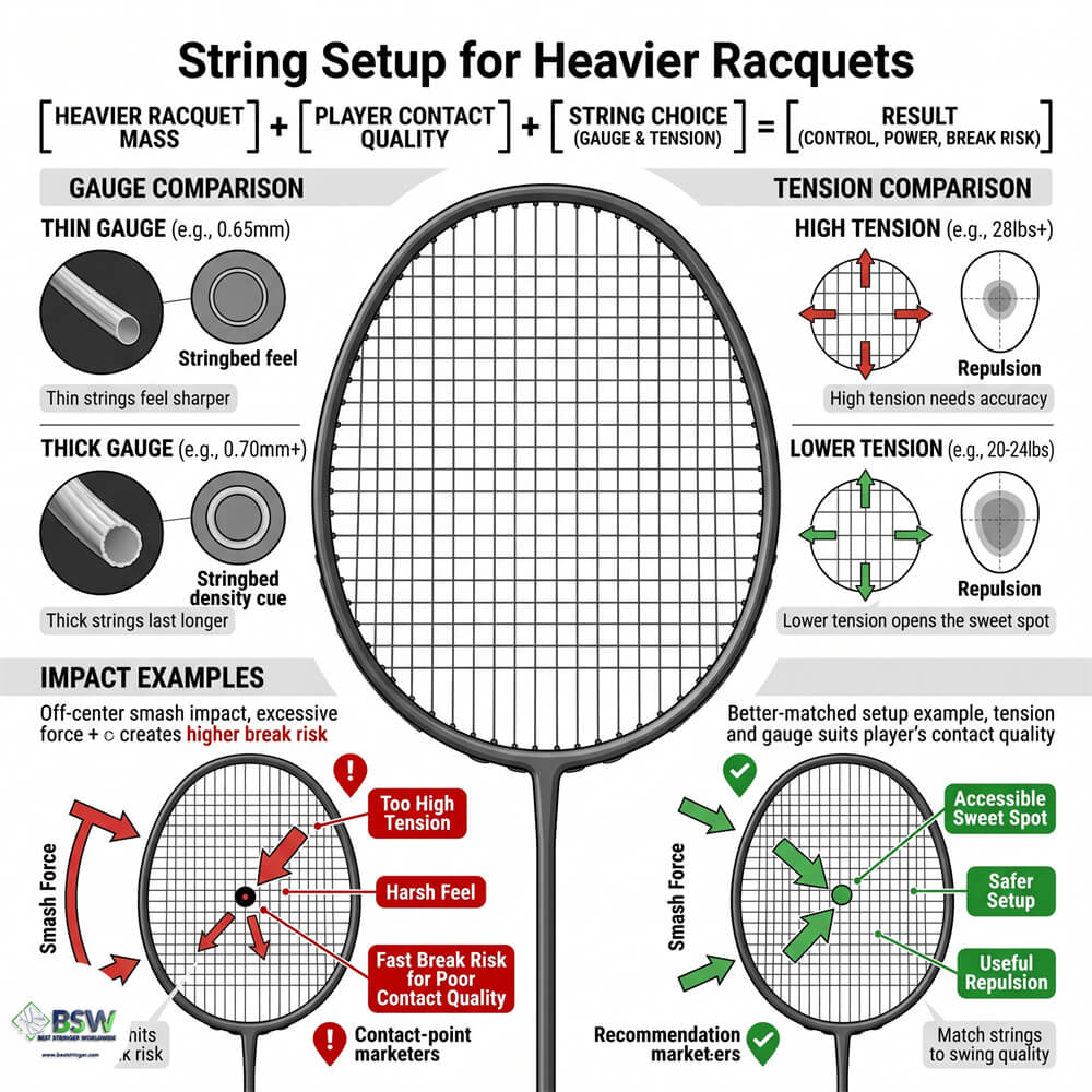 Certified stringer explaining string gauge basics for a heavier badminton racquet