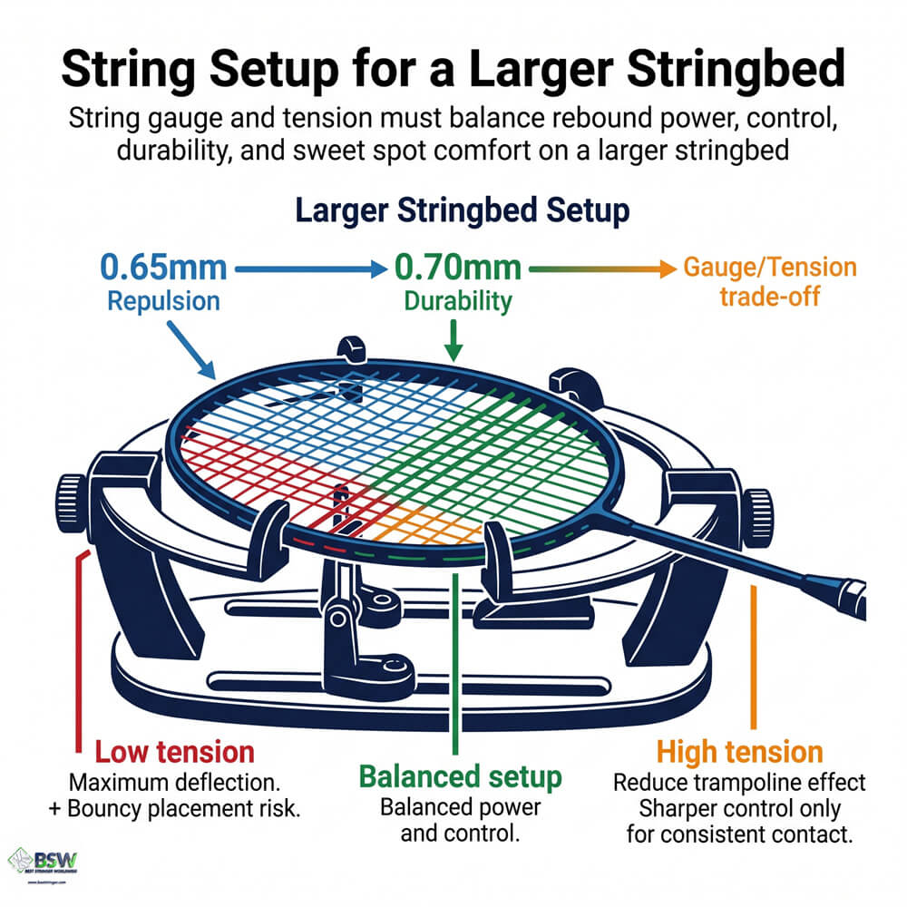 Certified stringer explaining string tension basics for a larger badminton stringbed area