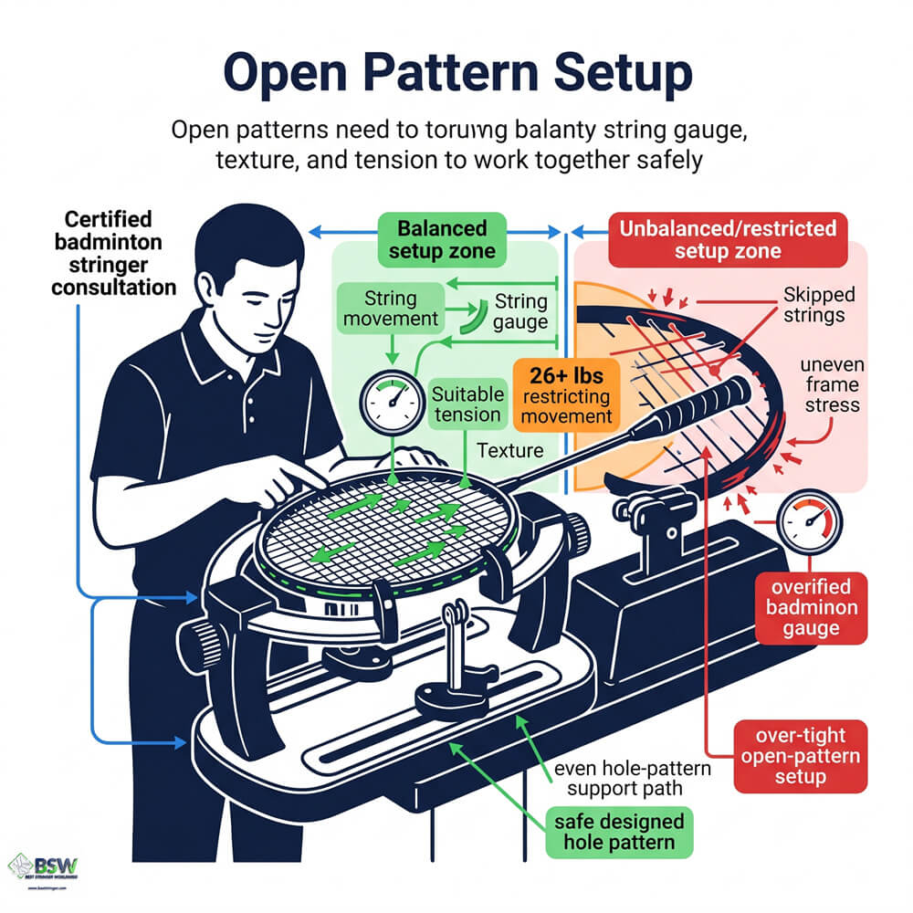Certified stringer explaining string tension basics for an open badminton string pattern
