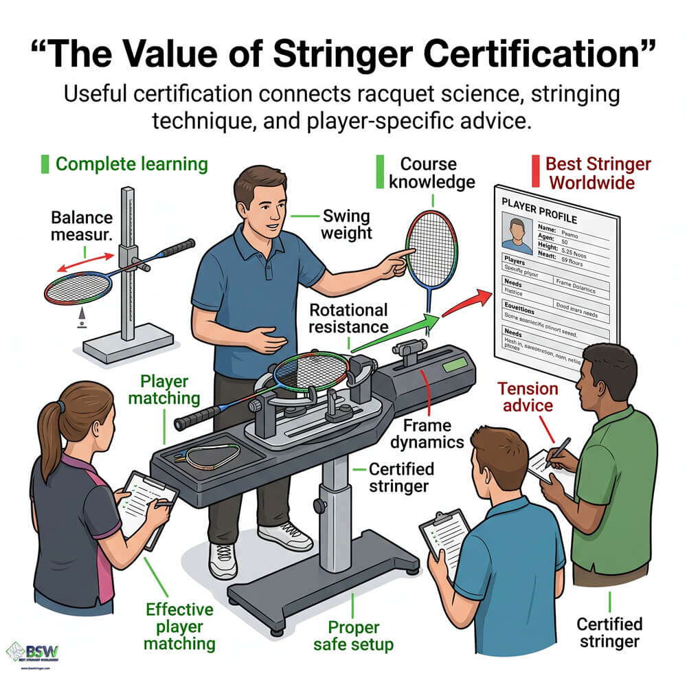 Certified stringer explaining swing weight analysis in a professional racquet stringing course