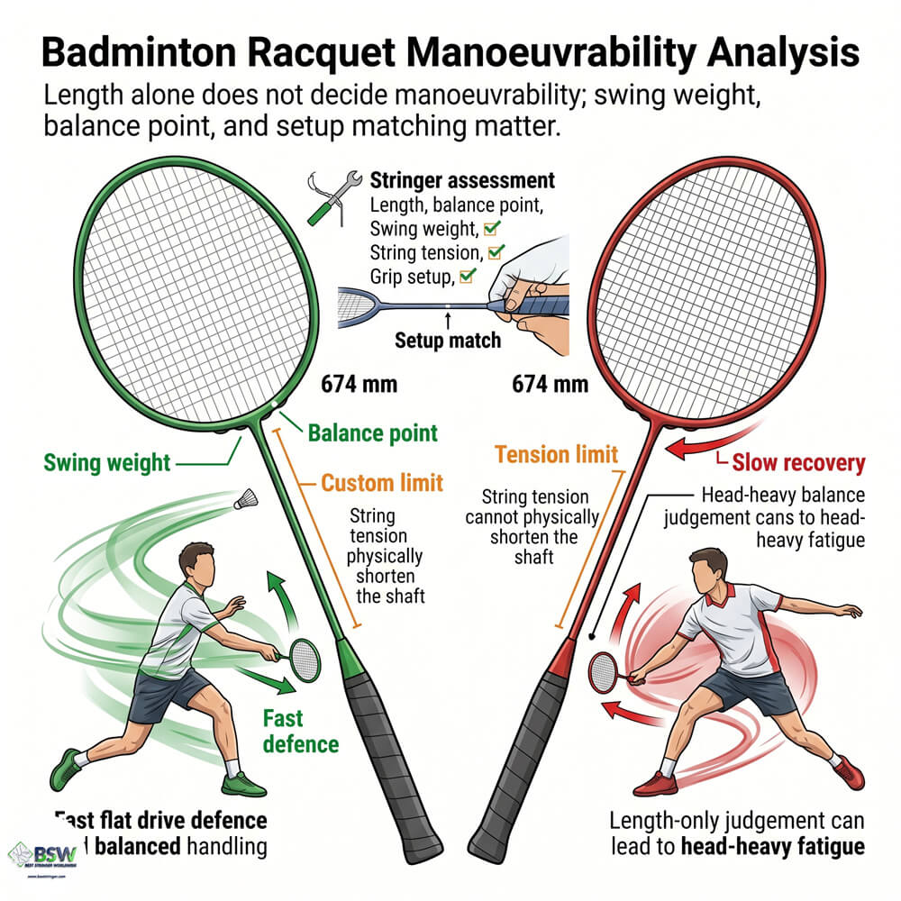 Certified stringer explaining swing weight and manoeuvrability for an extended badminton racquet