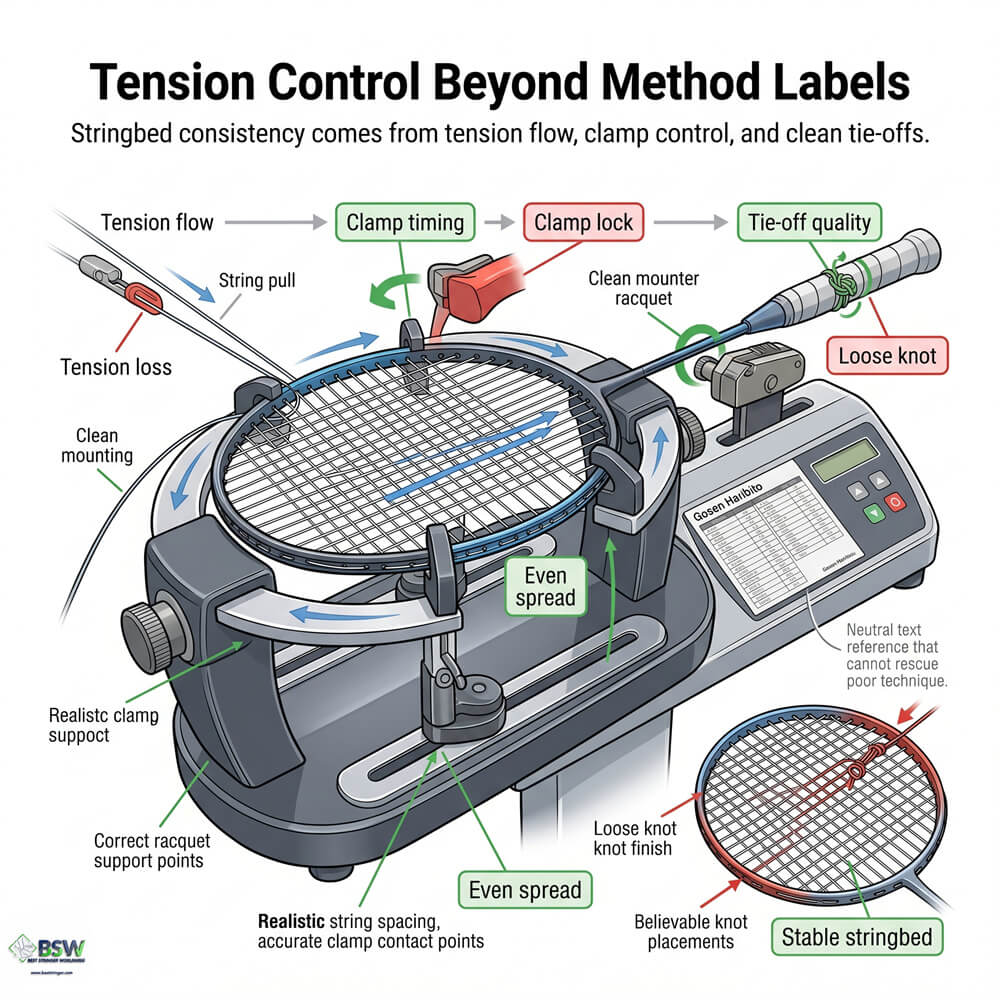 Certified stringer explaining tension flow and clamp control beyond a branded stringing method