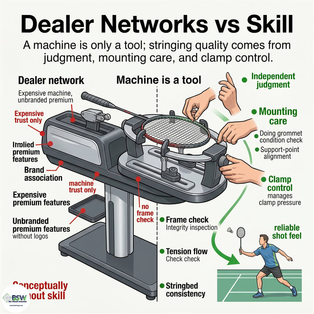 Certified stringer explaining two-knot and four-knot badminton stringing quality
