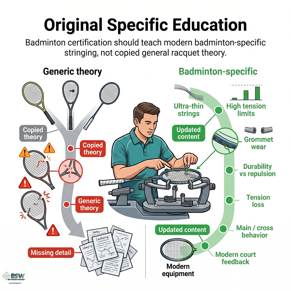 Certified stringer learning updated badminton racquet stringing skills from an original curriculum