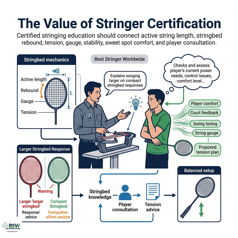 Certified stringer providing equipment consultation on active string length and badminton stringbed power