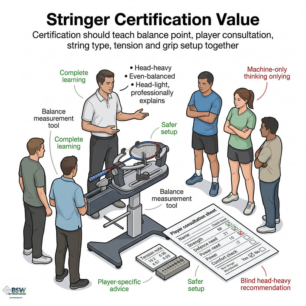 Certified stringer providing equipment consultation on badminton racquet balance point and player suitability