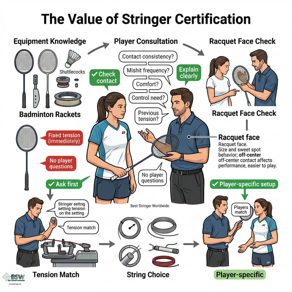 பேட்மிண்டன் ராக்கெட் பிரேம் அளவு மற்றும் ஸ்வீட் ஸ்பாட் குறித்து உபகரண ஆலோசனை வழங்கும் சர்வதேச அங்கீகரிக்கப்பட்ட ஸ்ட்ரிங்கர்