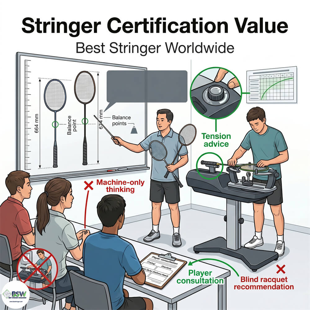 Certified stringer providing equipment consultation on badminton racquet length and string tension advice