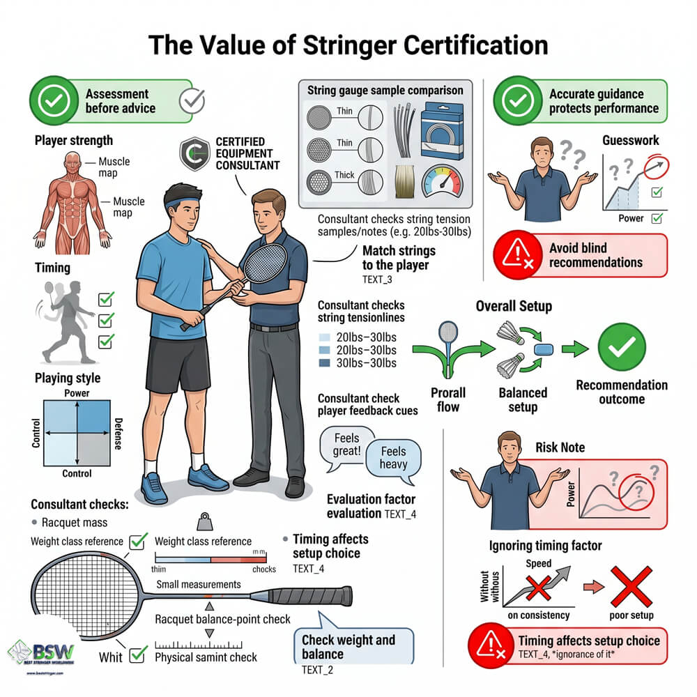 Certified stringer providing equipment consultation on badminton racquet weight and power