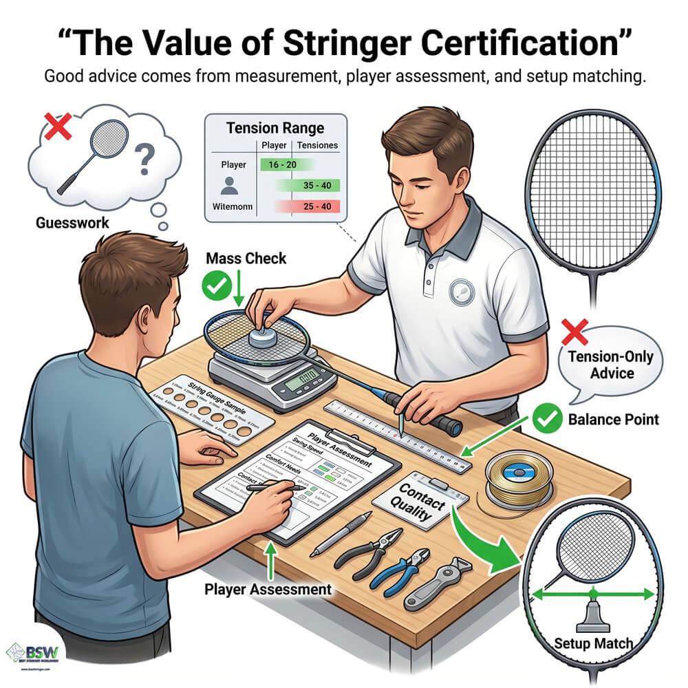 Certified stringer providing equipment consultation on badminton racquet weight and vibration control