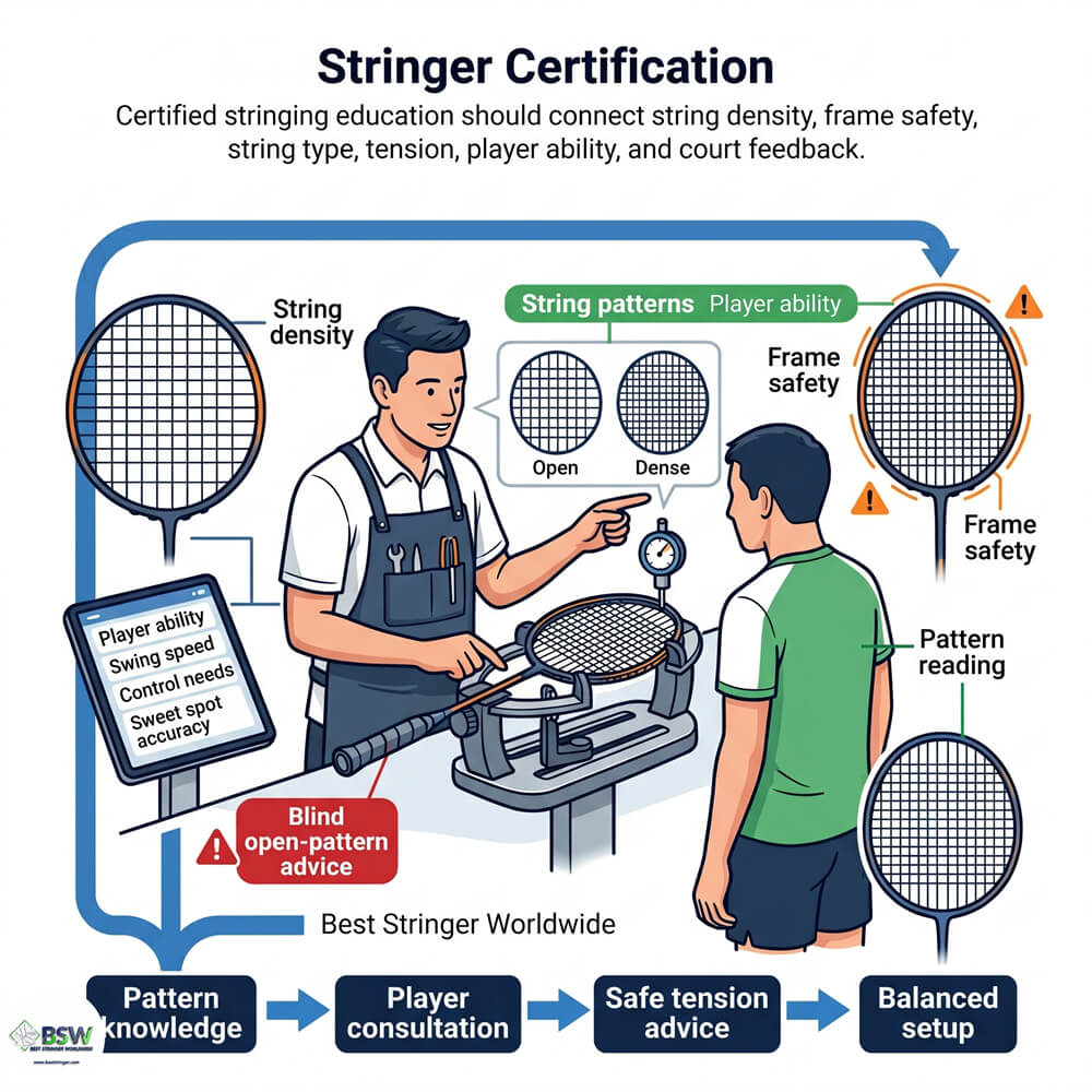 Certified stringer providing equipment consultation on badminton string density and power