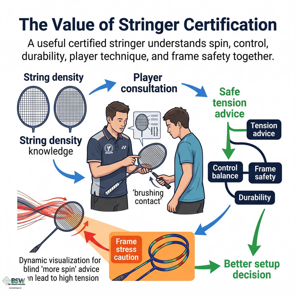 Certified stringer providing equipment consultation on badminton string density and spin
