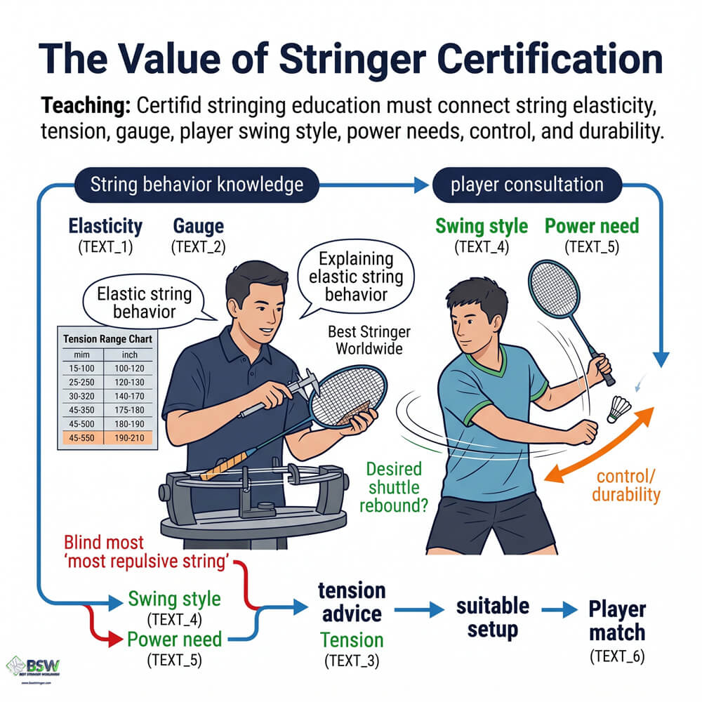 Certified stringer providing equipment consultation on badminton string elasticity and tension