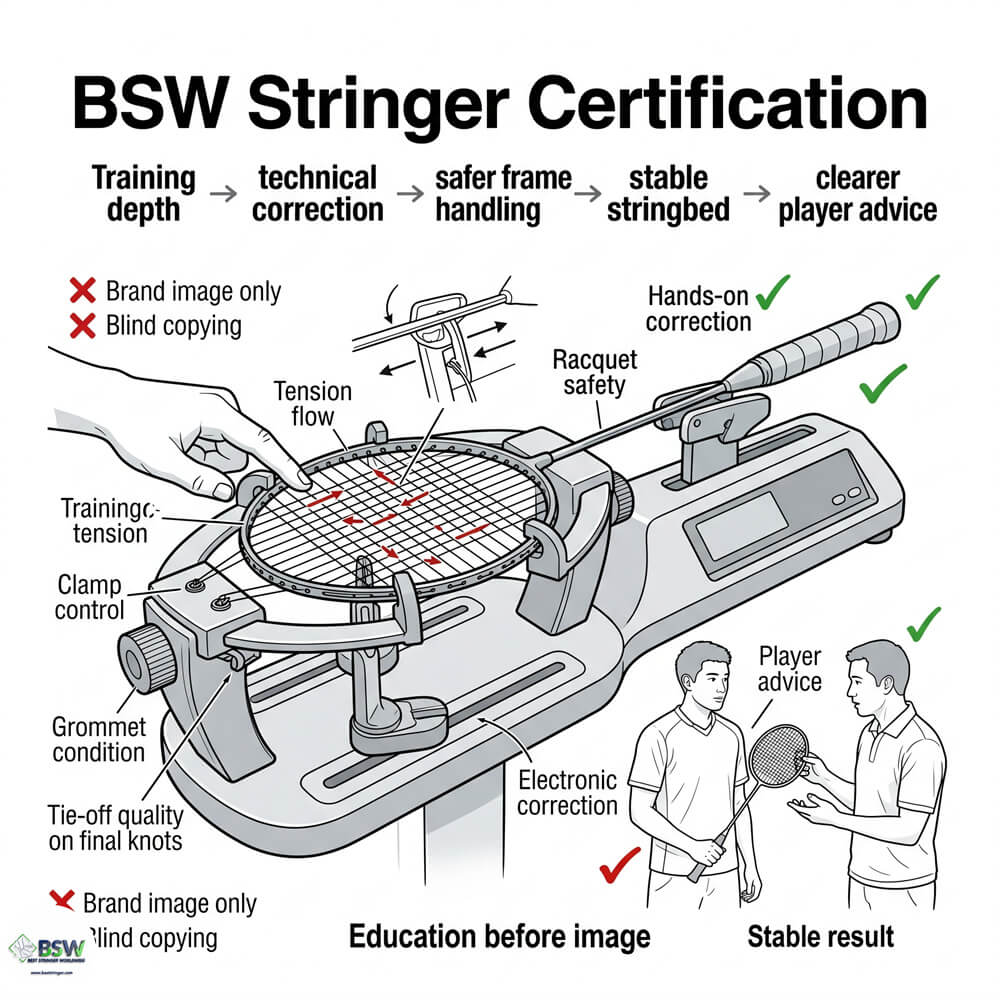 Certified stringer providing equipment consultation on badminton string selection