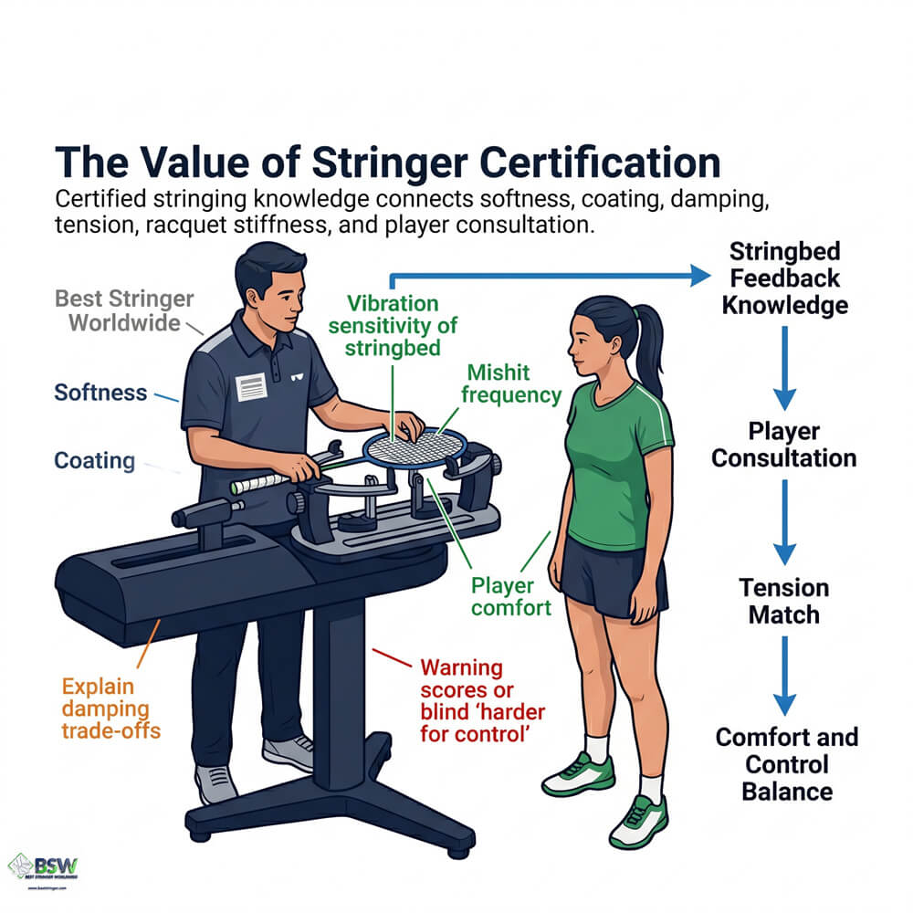 Certified stringer providing equipment consultation on badminton string softness and vibration reduction