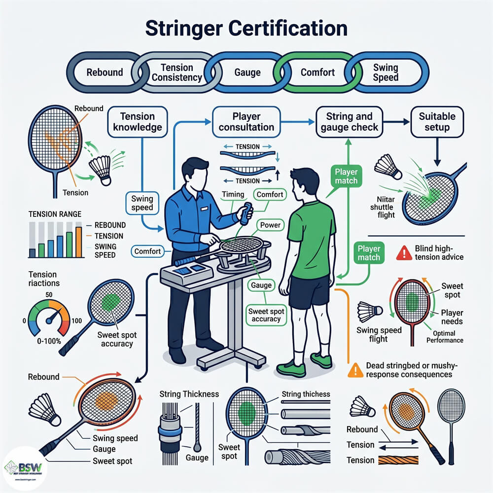 Certified stringer providing equipment consultation on badminton string tension and power