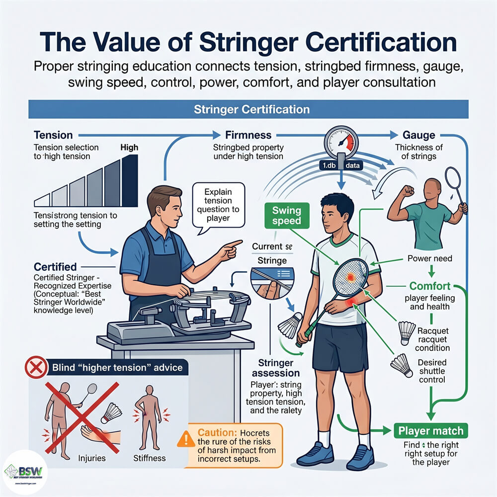 Certified stringer providing equipment consultation on badminton string tension and shuttle control
