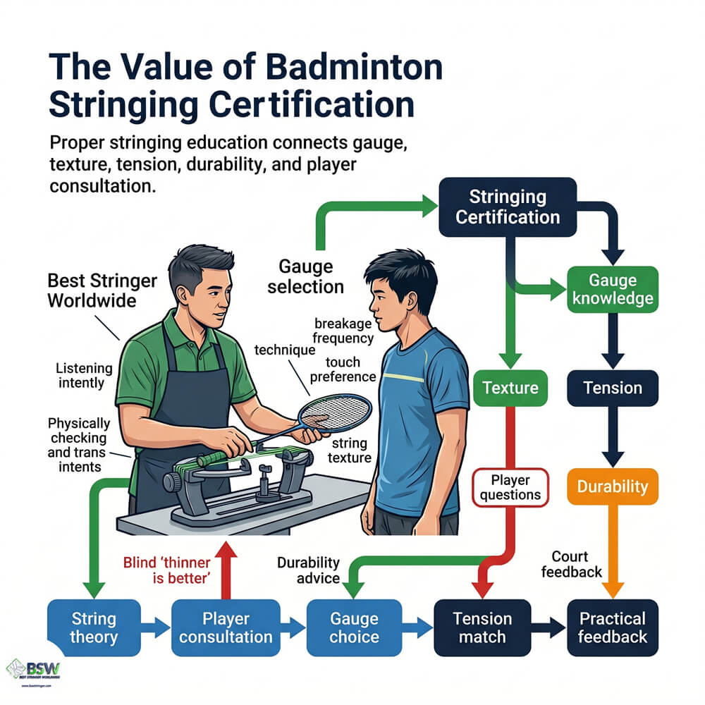 Certified stringer providing equipment consultation on thinner badminton strings and tension
