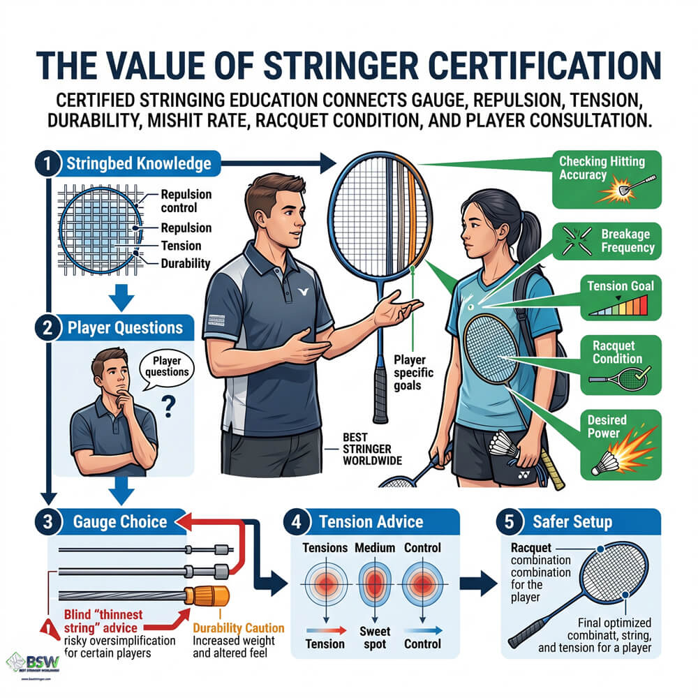 Certified stringer providing player consultation on badminton string gauge and repulsion