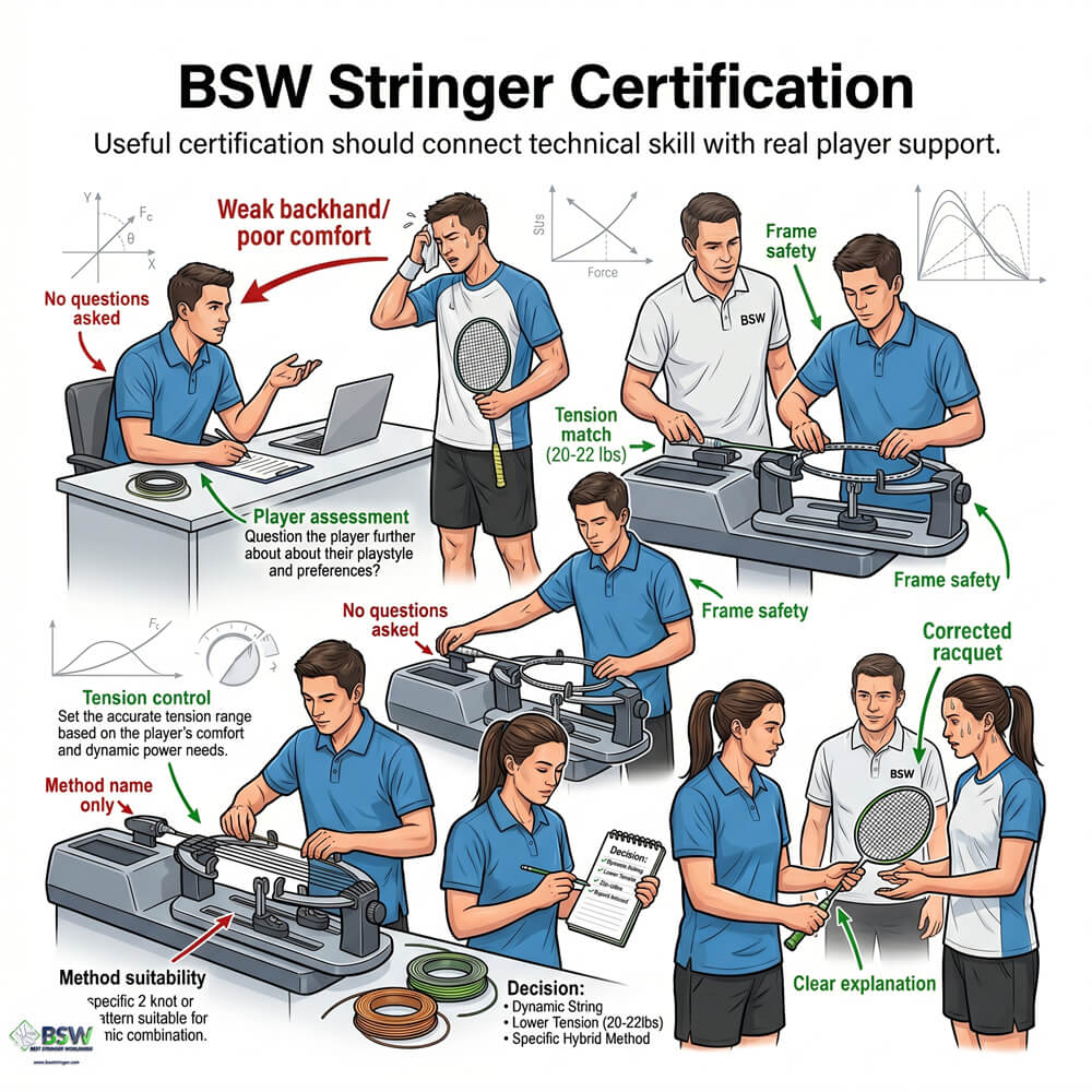 Certified stringer providing player consultation regarding stringing methods and tension