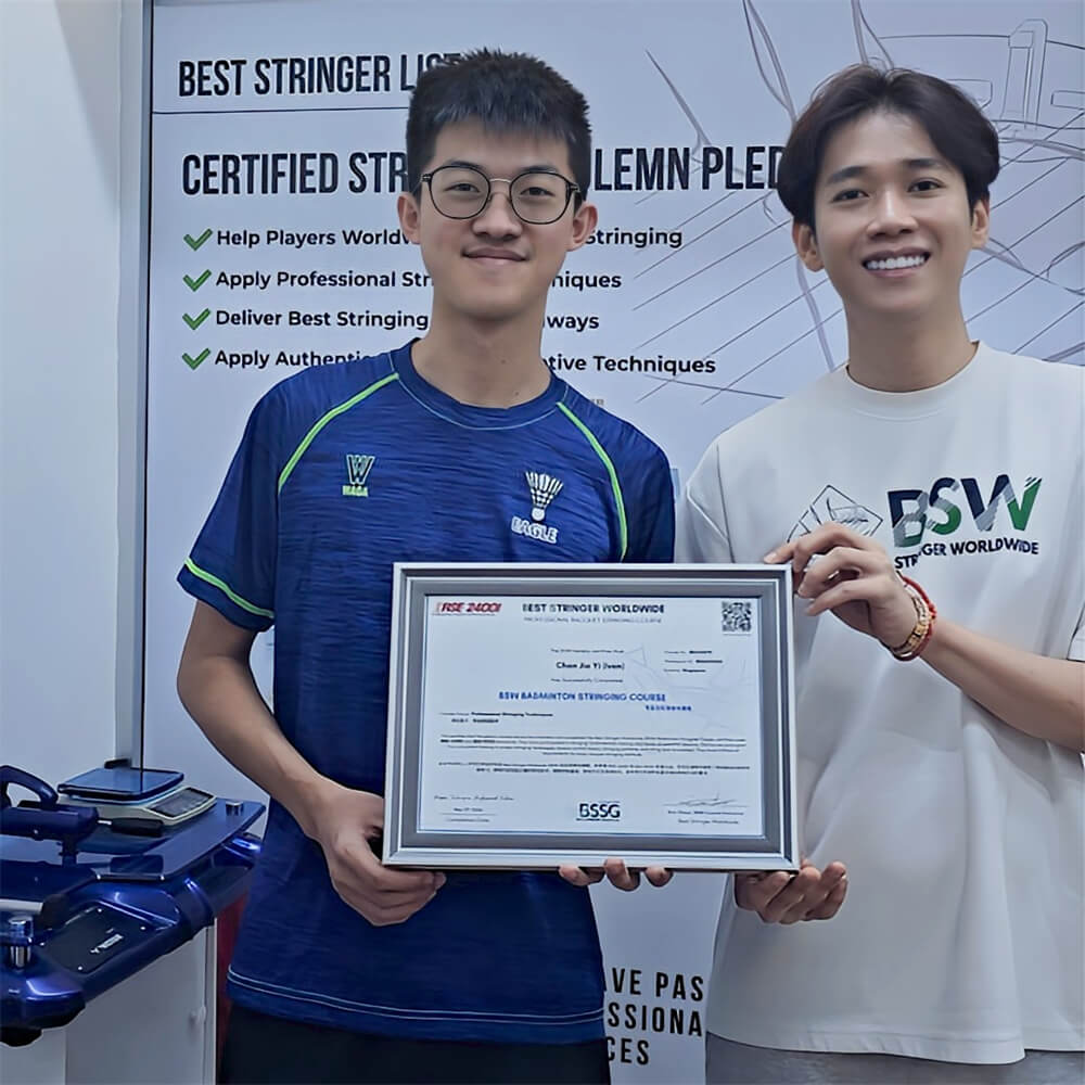 Chan Jia Yi, Ivan receiving BSW badminton stringing course certification photo with Eric Chuar