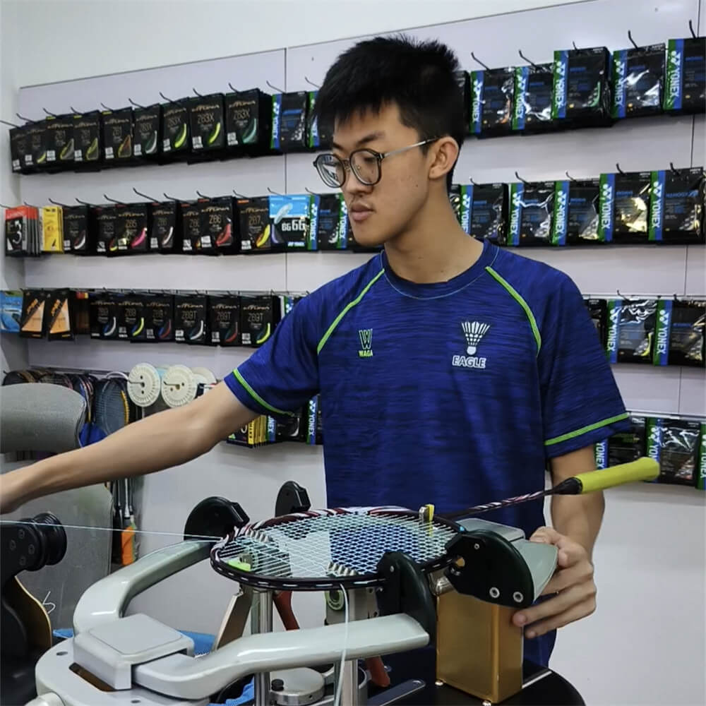 Chan Jia Yi, Ivan tying knots for racquet stringing at BSW badminton stringing course