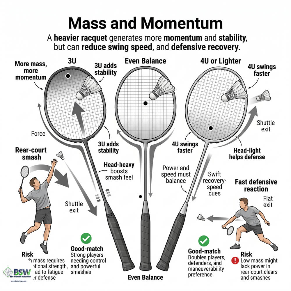 Coach explaining how a heavier badminton racquet can produce greater power under similar conditions