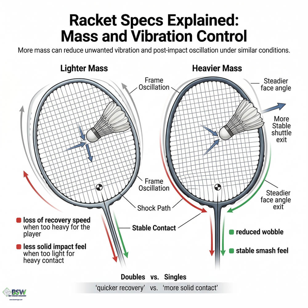 Coach explaining how a heavier badminton racquet generally produces less unwanted vibration and less frame oscillation