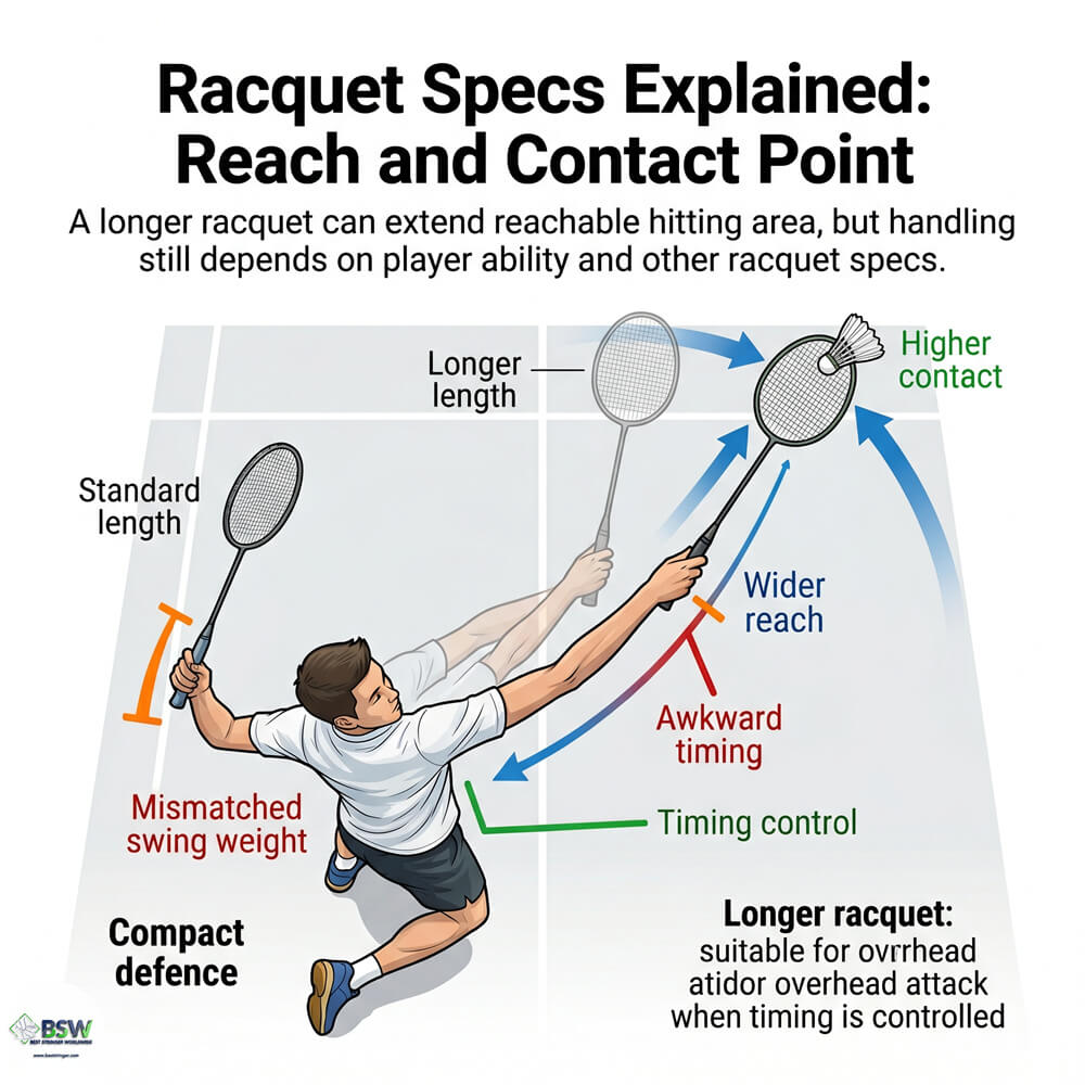 Coach explaining how a longer badminton racquet can extend reach and raise the contact point