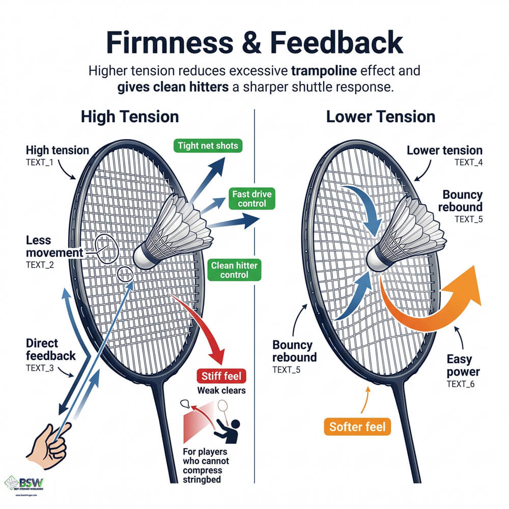 Coach explaining how higher badminton string tension provides better shuttle control when conditions are equal