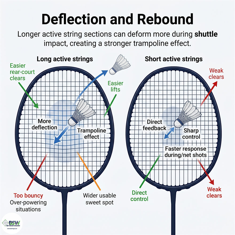 Coach explaining how longer active badminton strings can produce greater power under similar conditions