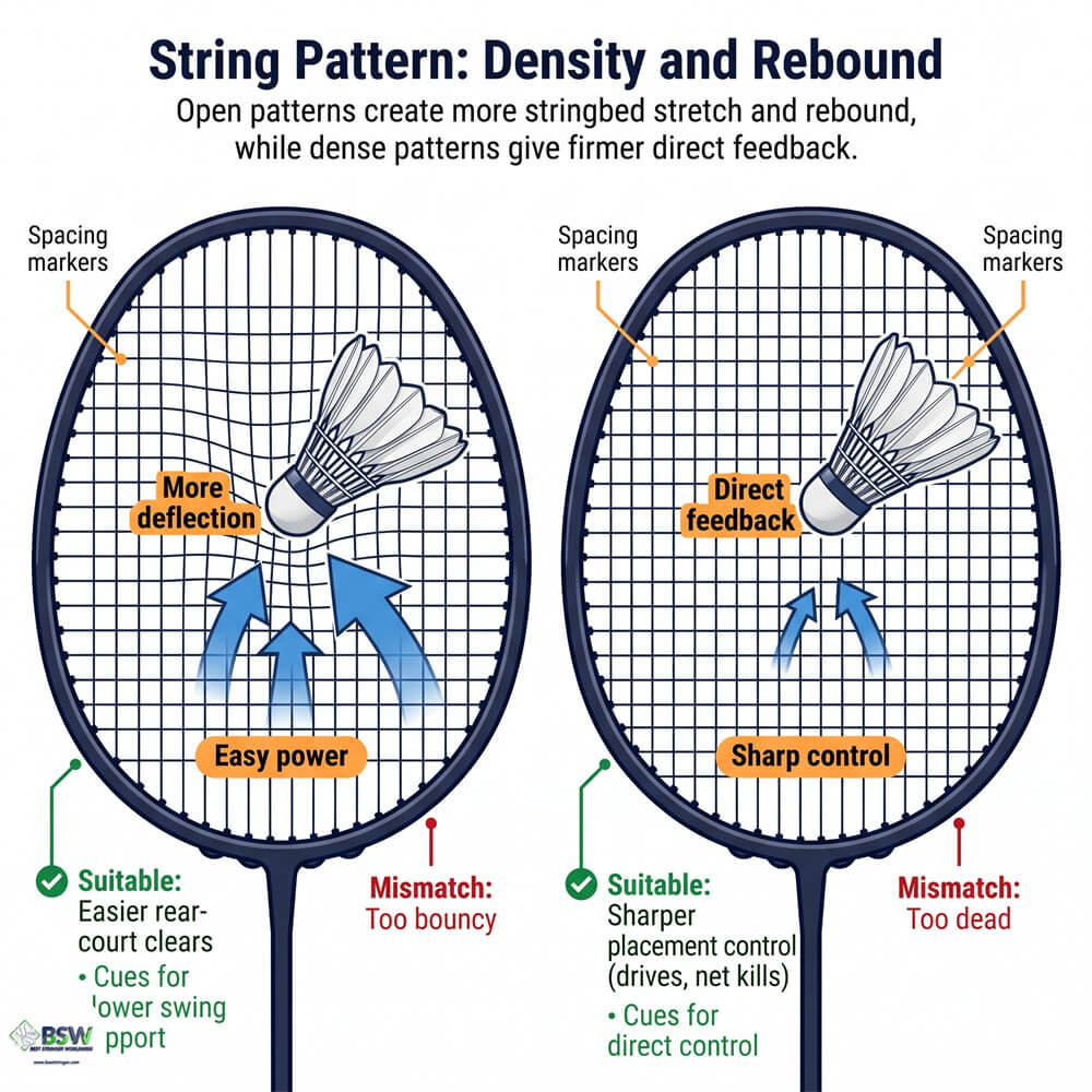 Coach explaining how lower badminton string density and an open string pattern can produce greater power