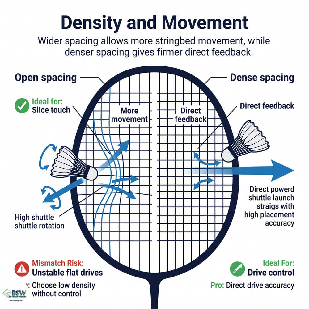 Coach explaining how lower badminton string density can produce more shuttle rotation under similar conditions