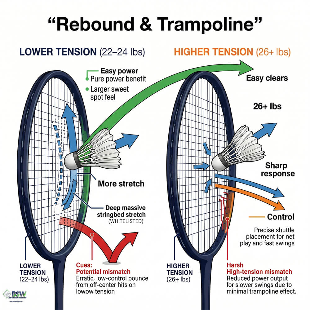 Coach explaining how lower badminton string tension can produce greater power under similar conditions
