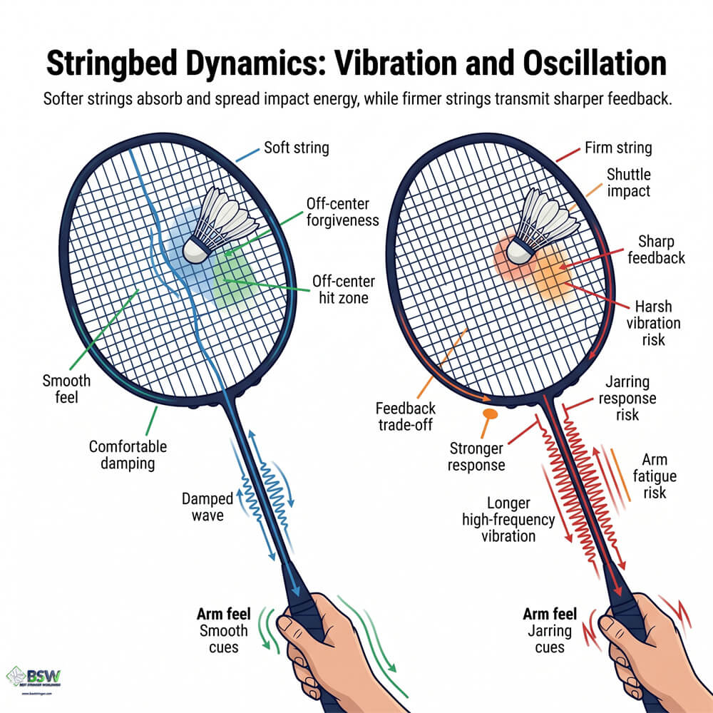 Coach explaining how softer badminton strings can reduce vibration and oscillation under similar conditions