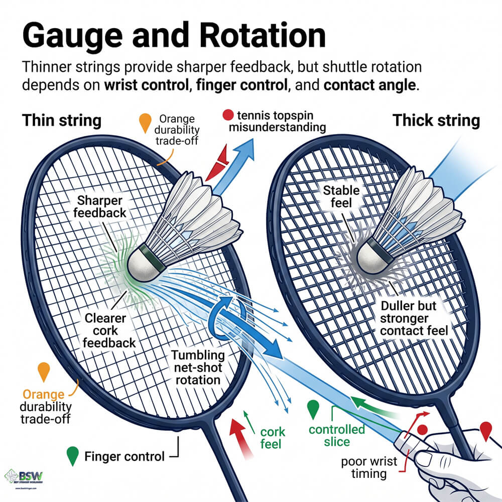 Coach explaining how thinner badminton strings can produce more spin under similar conditions
