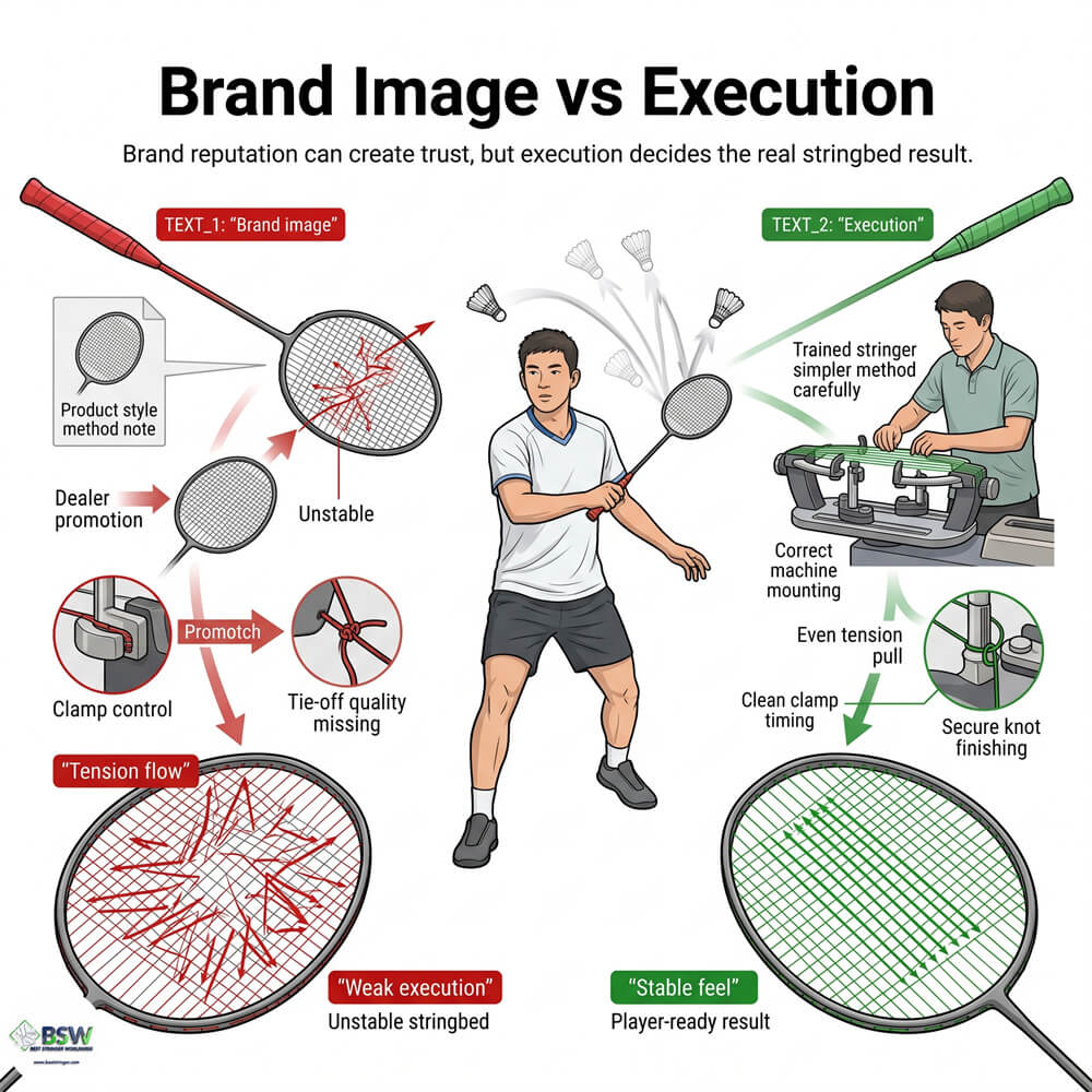 Coach explaining why a branded stringing method alone does not guarantee a stable stringbed