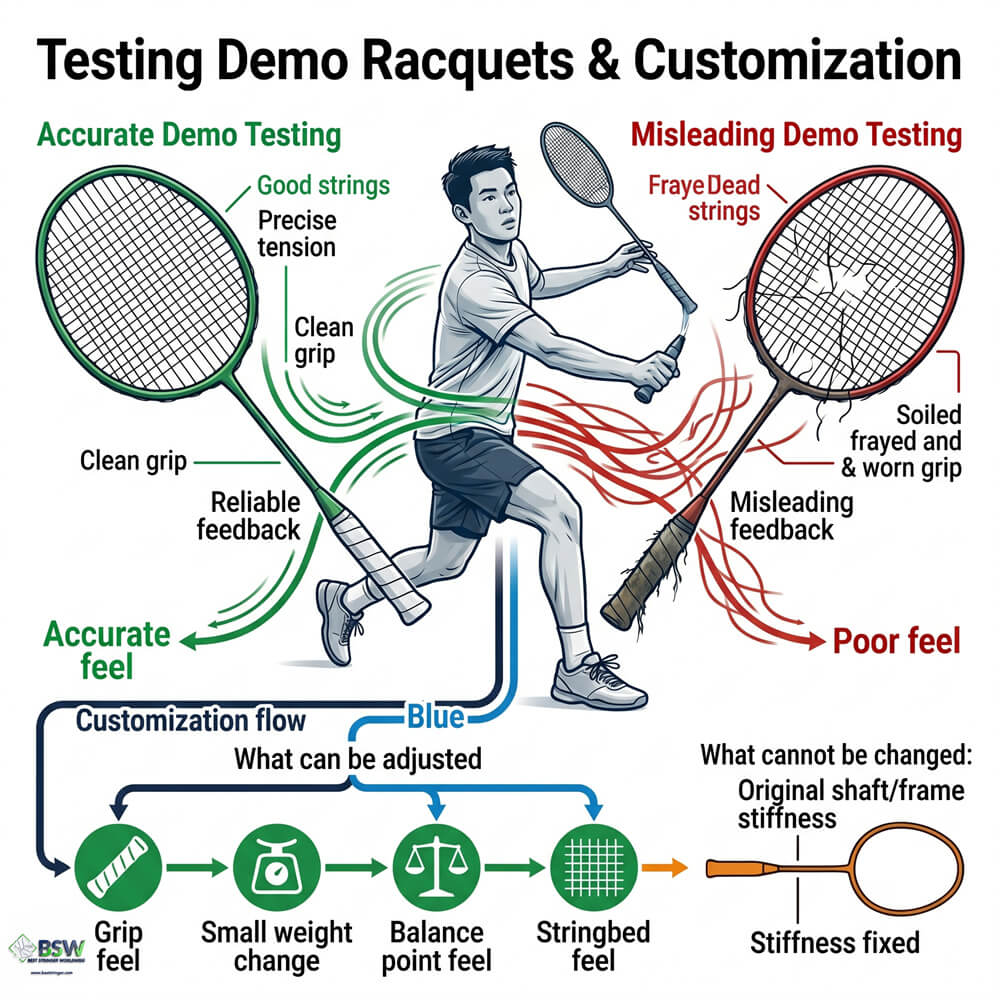 Demo badminton racquets with proper strings and grip for player testing