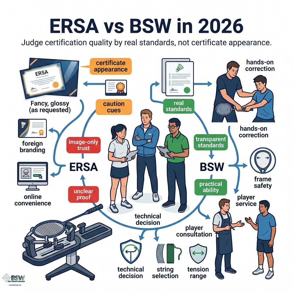 ERSA vs BSW badminton stringing certification comparison