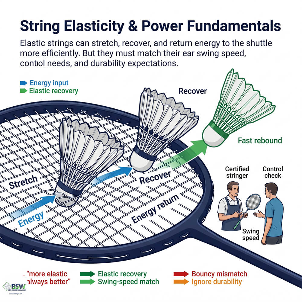 Elastic badminton string showing lively stringbed response and power generation