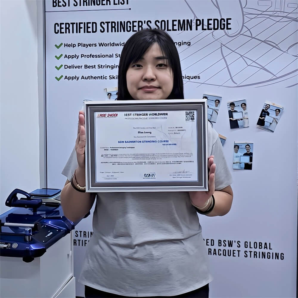 Elise Leong receiving BSW badminton stringing course certification photo BSMY