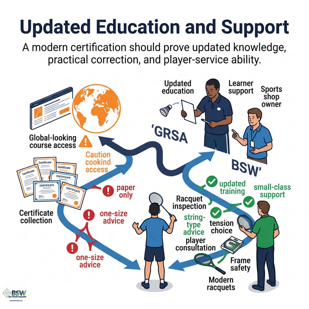 GRSA vs BSW 2026 badminton stringing certification comparison