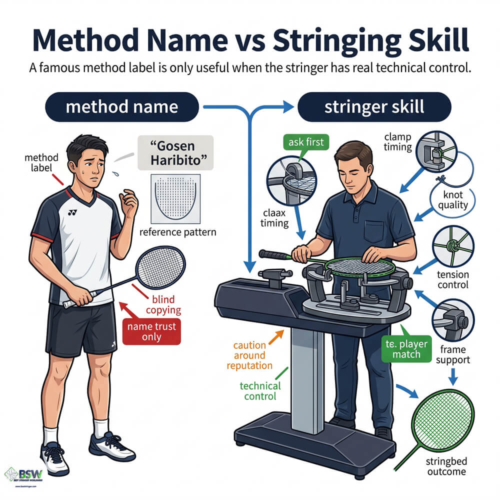 Gosen Haribito vs BSW badminton stringing method comparison