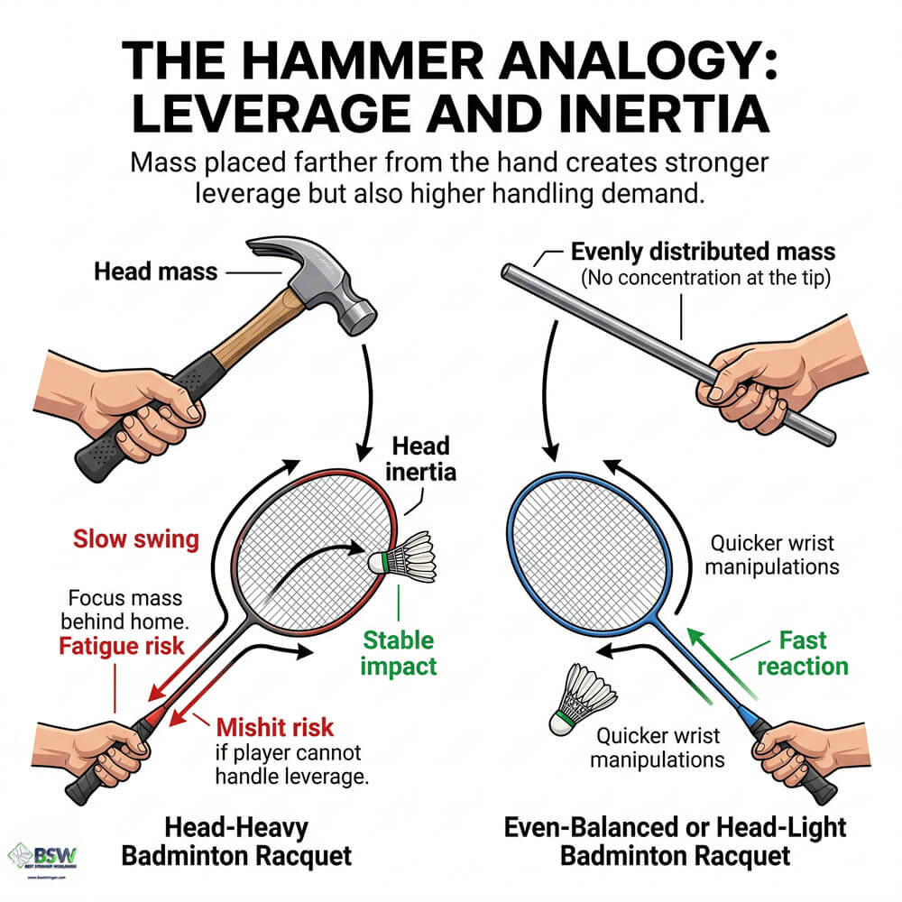 Head-heavy badminton racquet guide for power, stability and attacking play
