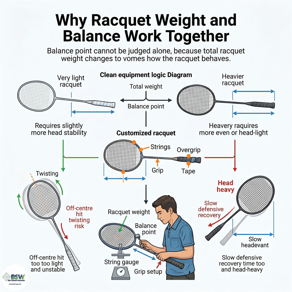Head-light badminton racquet guide for defence, fast handling and shot frequency