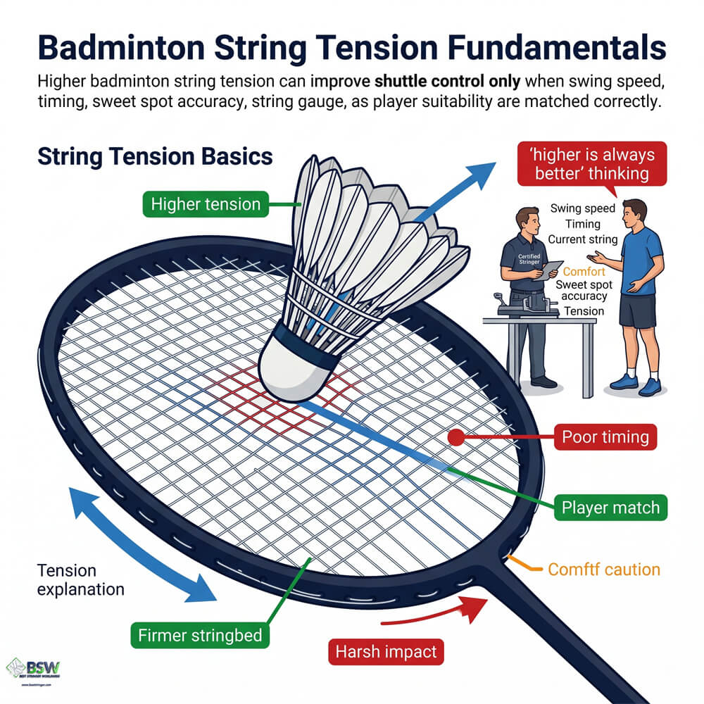 Higher badminton string tension showing firmer stringbed response and shuttle control