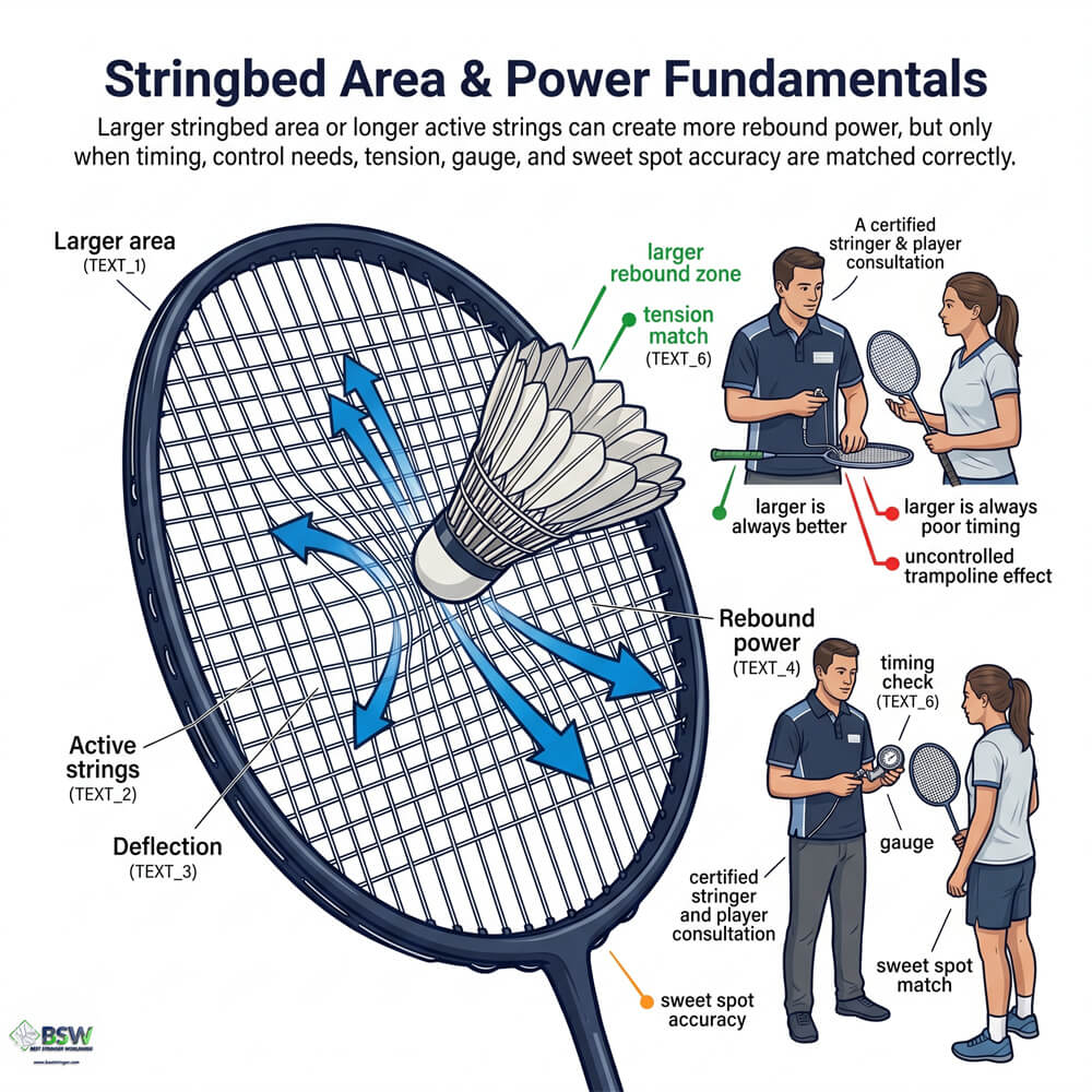 Larger badminton stringbed area showing stringbed rebound and power generation