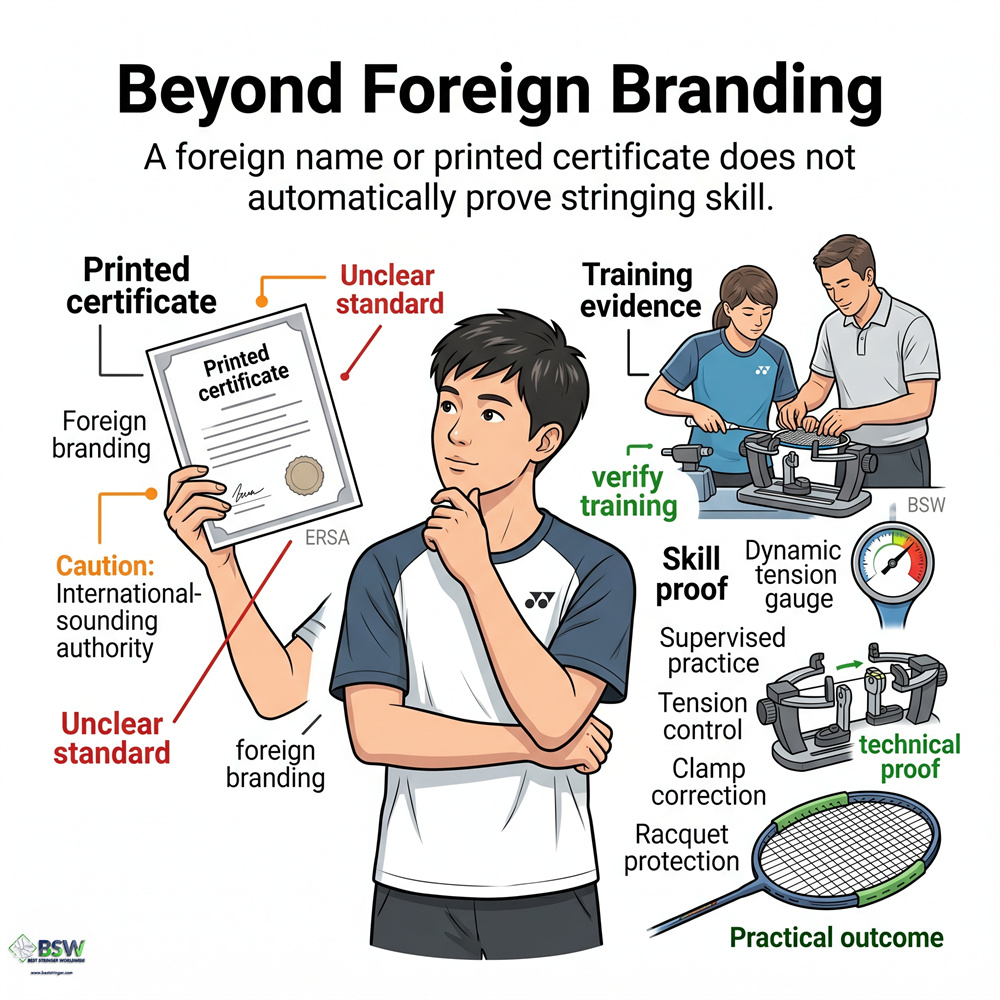 Learners evaluating badminton stringer certification standards over printed certificate appearance