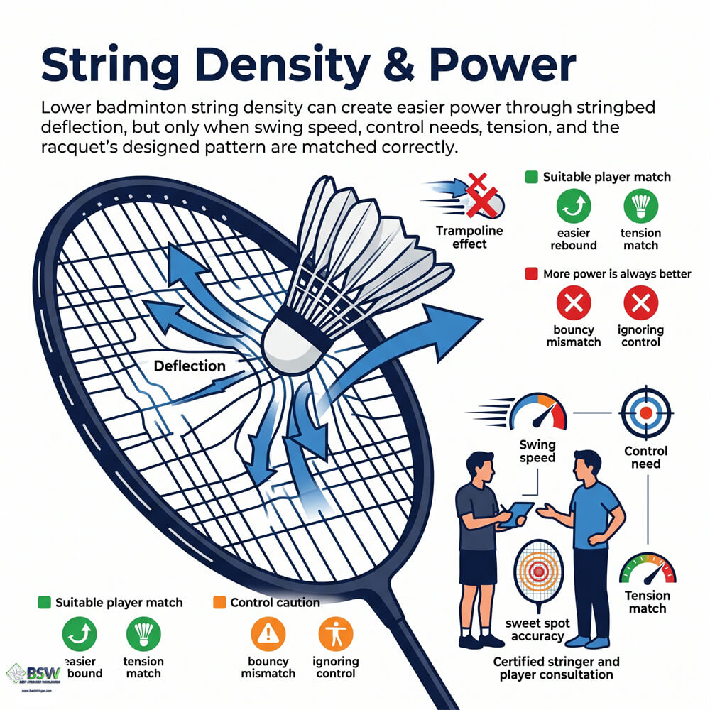 Lower badminton string density showing an open string pattern on a badminton racquet head