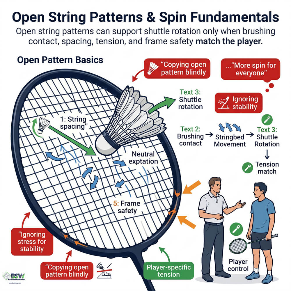 Lower badminton string density showing open string pattern and shuttle rotation